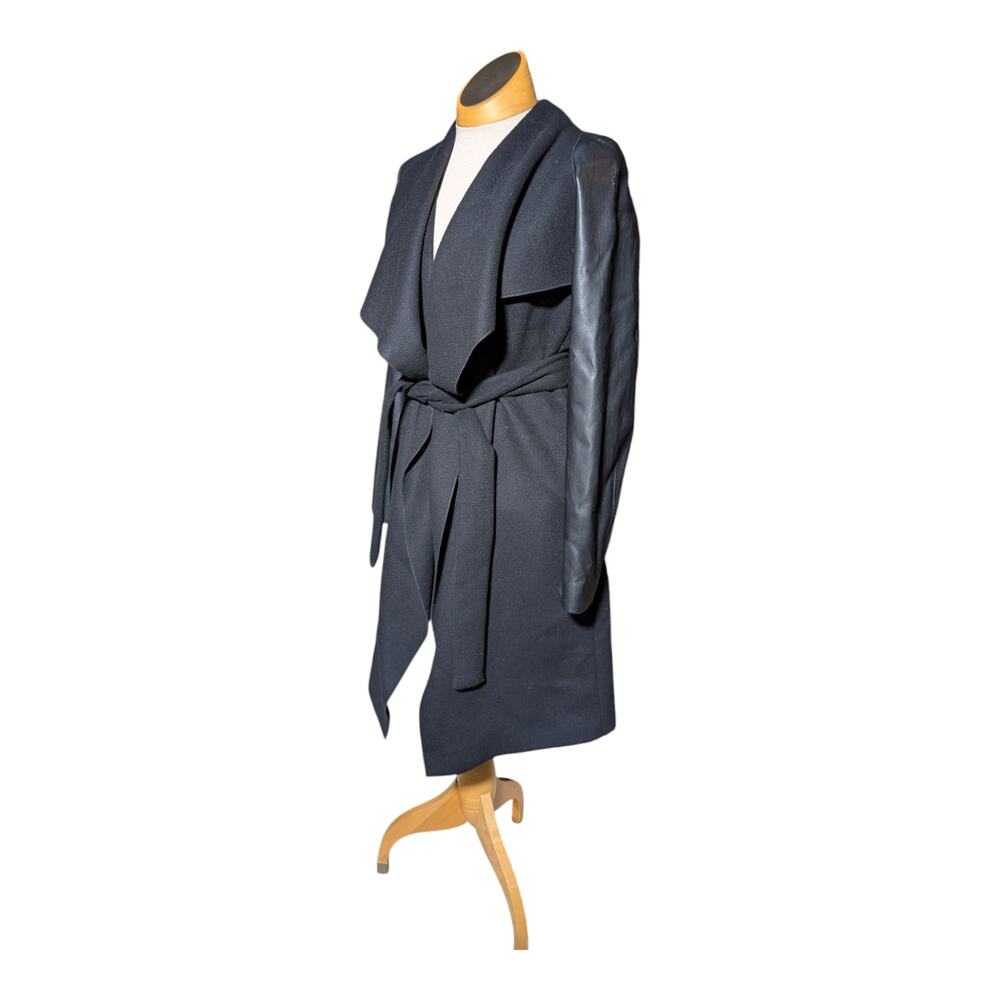 Zara Black Wool Blend Draped Neck Faux Leather Sleeve Belted Overcoat Sz S